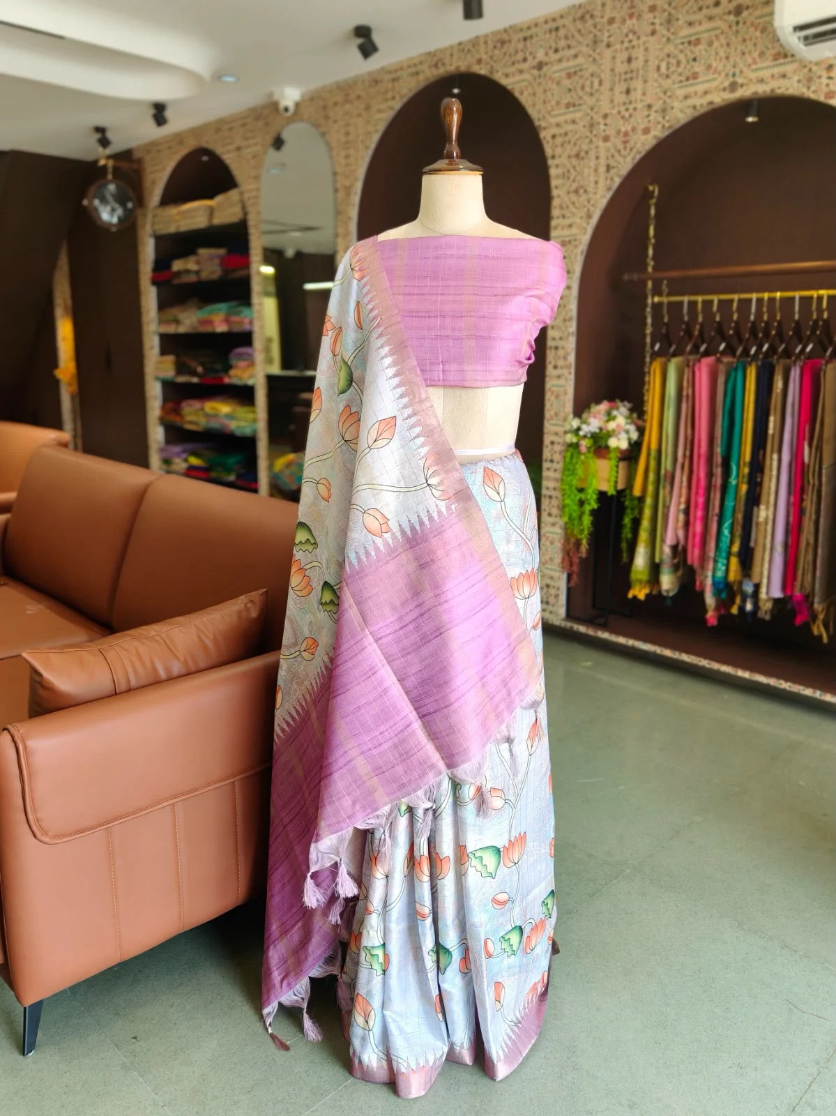 Pichwai Lotus Print Semi Tussar Saree